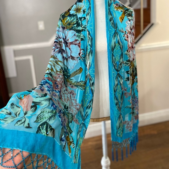 Handmade Velvet silk Scarf Colorful Flowers with Fringe